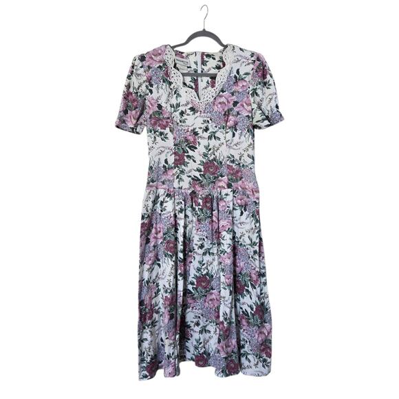 Vintage Paquette Too Floral Lace Collar Garden Girl Euro Summer Midi Dress Large - Picture 1 of 12
